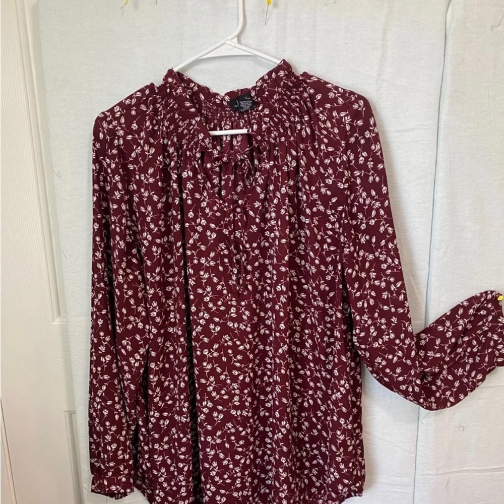 Justify Burgundy Floral Smocked-Neck Long Sleeve Blouse